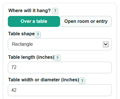 Example inputs for Chandelier Size Calculator