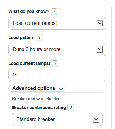 Example inputs for Circuit Breaker Size Calculator