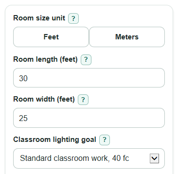 Example inputs for Classroom Lighting Calculator