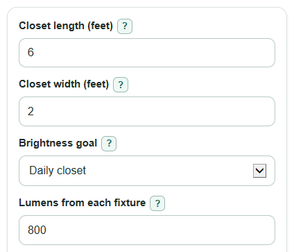 Example inputs for Closet Lighting Calculator