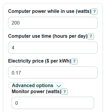 Example inputs for Computer Electricity Cost Calculator