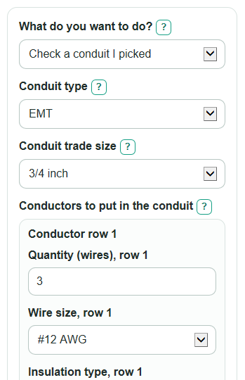 Example inputs for Conduit Fill Calculator