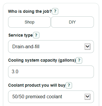 Example inputs for Coolant Change Cost Calculator