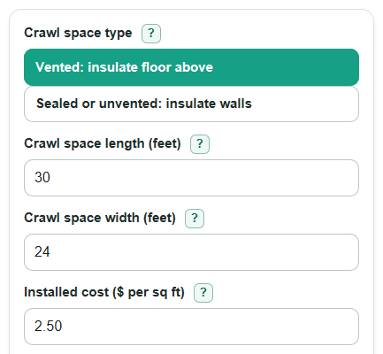 Example inputs for Crawl Space Insulation Calculator