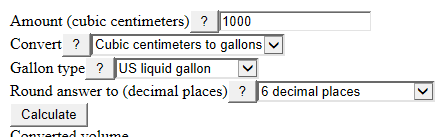 Example inputs for Cubic Centimeters to Gallons Converter