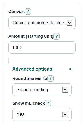 Example inputs for Cubic Centimeters to Liters Converter