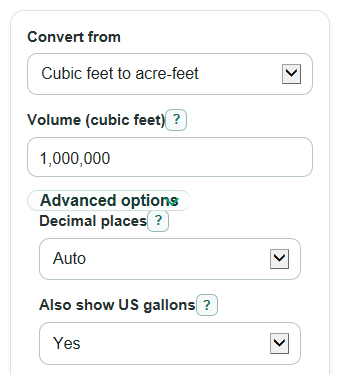 Example inputs for Cubic Feet to Acre-Feet Converter