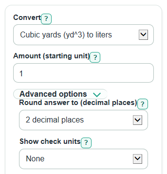 Example inputs for Cubic Yards to Liters Converter