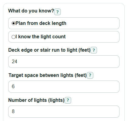 Example inputs for Deck Lighting Calculator