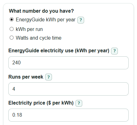 Example inputs for Dishwasher Running Cost Calculator