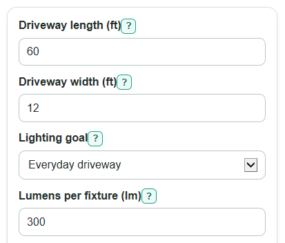 Example inputs for Driveway Lighting Calculator