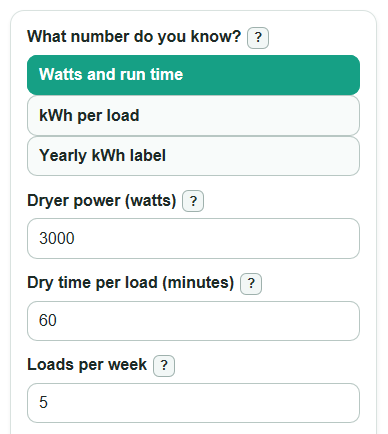 Example inputs for Dryer Running Cost Calculator