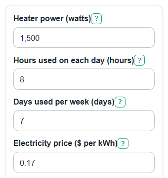 Example inputs for Electric Heater Running Cost Calculator
