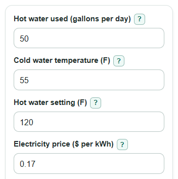 Example inputs for Electric Water Heater Cost Calculator