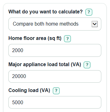 Example inputs for Electrical Load Calculator