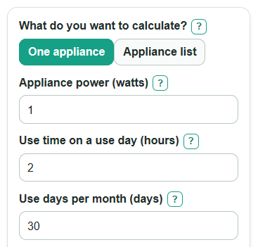 Example inputs for Energy Usage Calculator