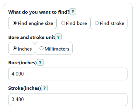 Example inputs for Engine Displacement Calculator