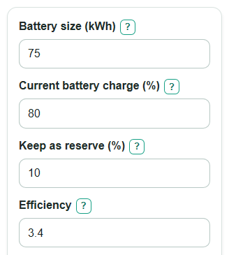 Example inputs for EV Range Calculator