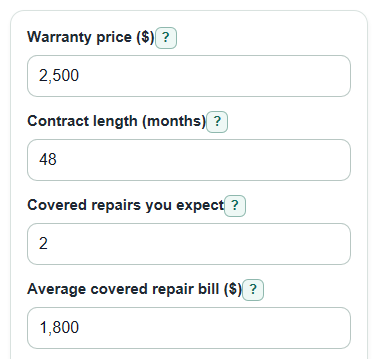 Example inputs for Extended Car Warranty Calculator