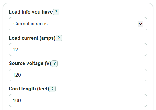 Example inputs for Extension Cord Voltage Drop Calculator