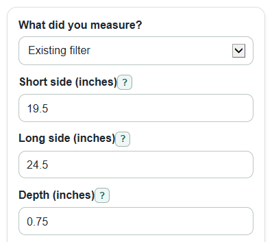 Example inputs for HVAC Filter Size Calculator