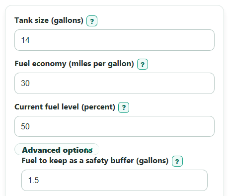 Example inputs for Fuel Range Calculator