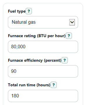 Example inputs for Furnace Running Cost Calculator