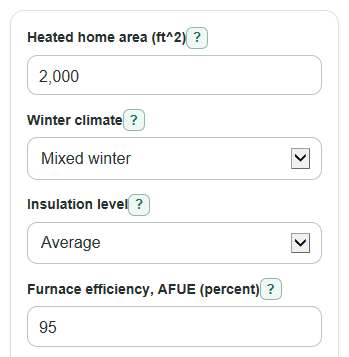 Example inputs for Furnace Size Calculator