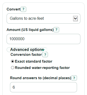 Example inputs for Gallons to Acre Feet Converter