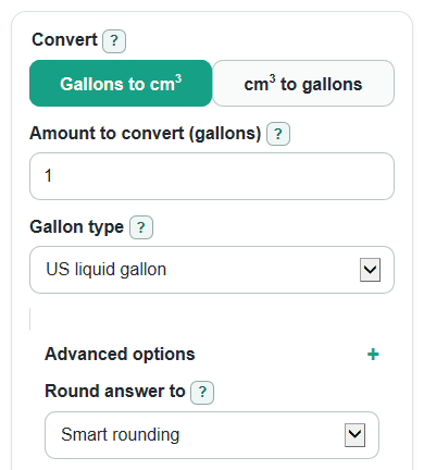 Example inputs for Gallons to Cubic Centimeters Converter