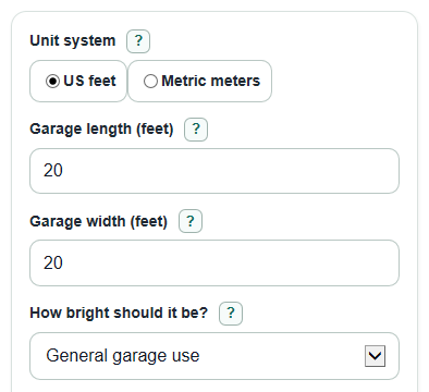 Example inputs for Garage Lighting Calculator