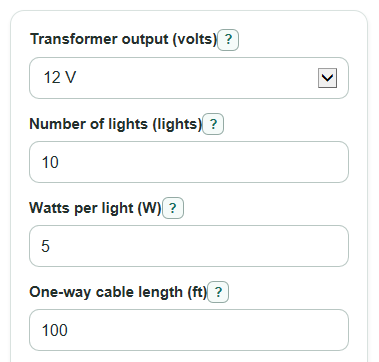Example inputs for Garden Lighting Calculator