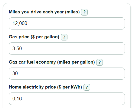 Example inputs for Gas vs Electric Car Calculator
