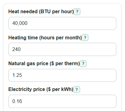 Example inputs for Gas vs Electric Heating Cost Calculator