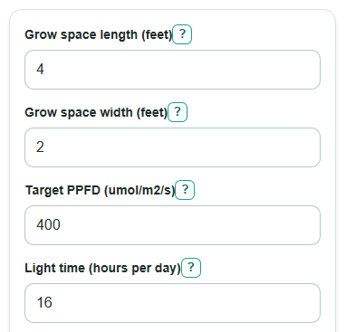Example inputs for Grow Light Coverage Calculator