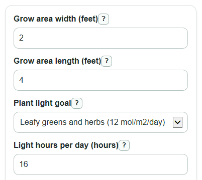Example inputs for Grow Light Wattage Calculator