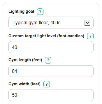 Example inputs for Gym Lighting Calculator