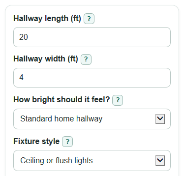 Example inputs for Hallway Lighting Calculator