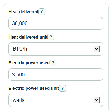 Example inputs for Heat Pump COP Calculator