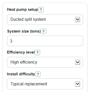 Example inputs for Heat Pump Replacement Cost Calculator