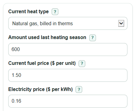 Example inputs for Heat Pump Savings Calculator