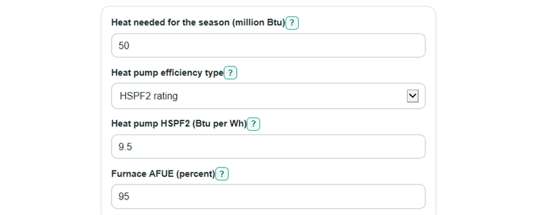 Example inputs for Heat Pump vs Furnace Calculator