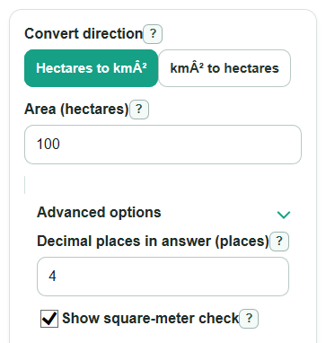 Example inputs for Hectares to Square Kilometers Converter