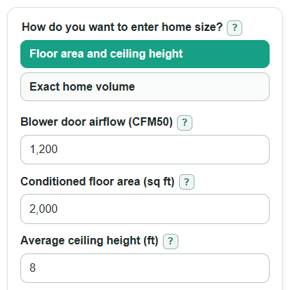 Example inputs for Home Air Leakage Calculator
