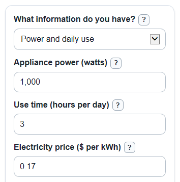 Example inputs for Home Energy Cost Calculator