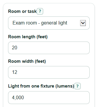 Example inputs for Hospital Lighting Calculator