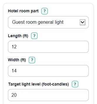Example inputs for Hotel Room Lighting Calculator
