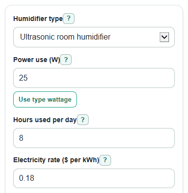 Example inputs for Humidifier Running Cost Calculator