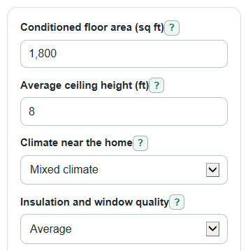 Example inputs for HVAC Load Calculator