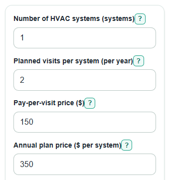 Example inputs for HVAC Maintenance Cost Calculator